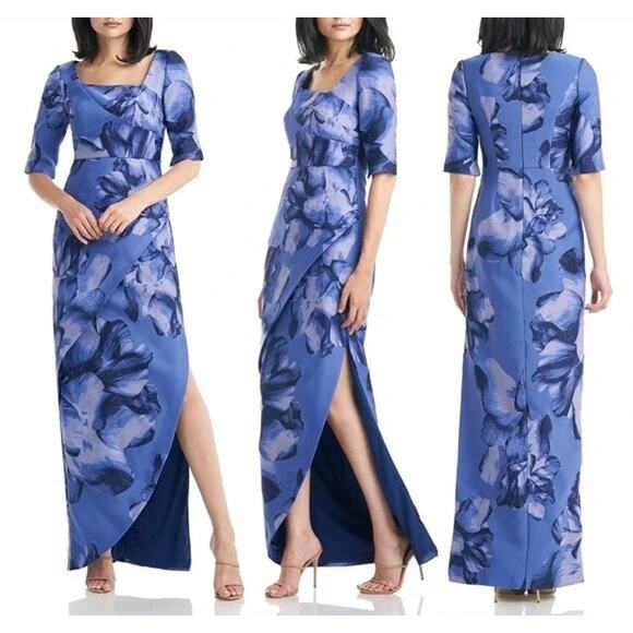Kay Unger Octavia Blue Floral Print Organza Asymmetric Formal Formal Maxi Gown 6 - Picture 1 of 16